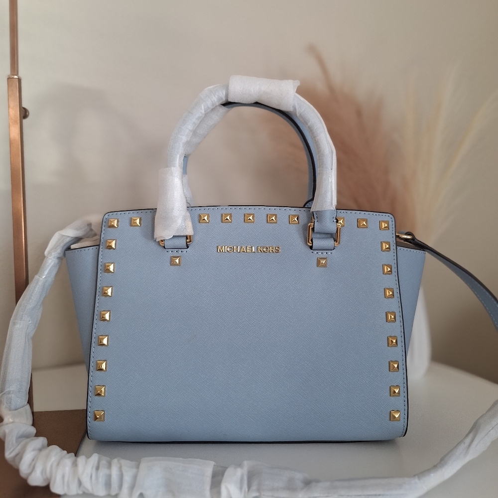 NWT Michael Kors Selma Studded Saffiano Leather Medium Pale Blue  Handbag